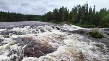 Gündüz vakti Idre Dalarna İsveç 'teki gür bir ormandan geçen Storan Nehri' nin Klingonforsen akıntısının alçak açılı görüntüsü, karamsar bulutlu gökyüzü, yörünge atışı.