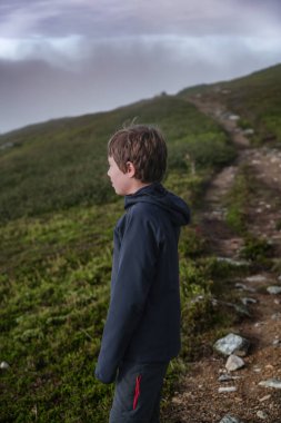 Mavi ceketli genç bir çocuk İsveç 'te bir dağ yamacında pis bir yürüyüş yolunda duruyor. Ufuk çizgisine doğru bakıyor ve bulutlu gökyüzü arka planda görünüyor.
