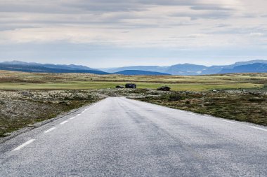 Geniş bir manzara ve bulutlu bir gökyüzünün altındaki uzak dağlarla çevrili Norveç 'in engebeli, engebeli tundralarında yol kenarındaki ıssız evler bulunur.