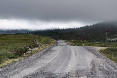 Dalarna 'nın sisli sıkıcı ormanından dolambaçlı, asfaltsız bir yol geçiyor. Kızıl Haç işaretleri İsveç 'teki bu uzak İskandinav yolu boyunca maceracılara rehberlik ediyor.
