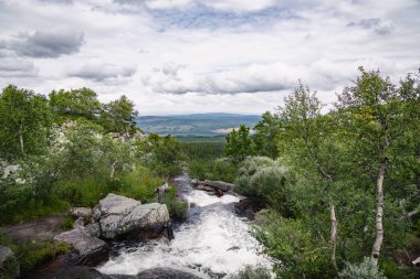 İsveç 'in Dalarna kentindeki Fulufjallet Ulusal Parkı' ndan akan Njupan nehri kayaların üzerinde çağlayarak bir şelale oluşturur.