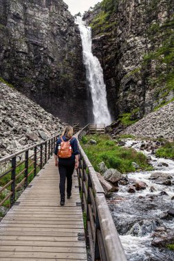 Kadın yürüyüşçü derin bir vadide tahta bir kaldırımın üzerinde yürüyor, Fulufjllet Ulusal Parkı 'ndaki Njupeskr Şelalesine yaklaşıyor, gri kayalık uçurumlar ve Dalarna İsveç' teki yemyeşil yemyeşil ağaçlarla çevrili..