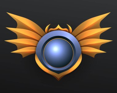 Siyah arka planda altın kanatlı mavi metal rozet