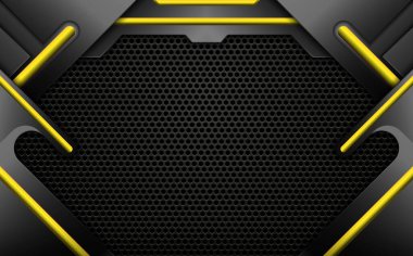 Siyah ve sarı oyun afişi, soyut teknoloji metal ağ koyu arkaplan