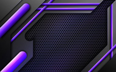 Soyut teknoloji karanlık oyun afişi, siyah ve mor metal yüzey arkaplanı