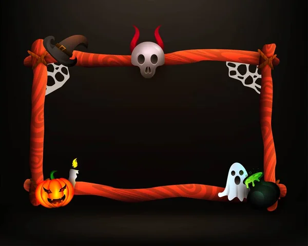 Halloween Game Overlay Spooky Wood Frame Con Teschio Zucca Fantasma — Vettoriale Stock