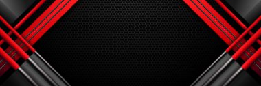 Futuristik Metalik Siyah ve Kırmızı Oyun Sancakları, Soyut Altıgen Ağlı Oyuncular ve Flamalar için Karanlık Arkaplan