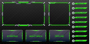 Oyun ve Video Yayını Platformları için Yeşil ve Gümüş Renkli Arayüz Panelleri ile Web Kamera Üstüste Canlı Yayın Uyarı Çerçevesi ve Akış Uyarısı