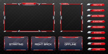 Oyun ve Video Yayını Platformları için Kırmızı ve Gümüş Renkli Arayüz Panelleri ile Web Kamerası Üstüste Canlı Yayın Uyarı Çerçevesi ve Akış Uyarısı