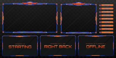 Futuristic Live Stream Overlay Webcam Frame and Stream Alert GUI Panelleri Oyun ve Video Yayımlama Platformları için Turuncu ve Mavi Renkli