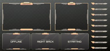 Stream Overlay Webcam Screen Frame and Stream Alert GUI Panels in Metallic Black, Silver, and Peach Color-Themed for Gaming and Live Video Streaming Platforms clipart