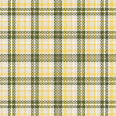 Tekstil tasarımı için yeşil sarı ve bej desenli kusursuz ekose ve damalı desenler. Tartan desenli kumaş izi için grafik arkaplan. Vektör tasarımı.