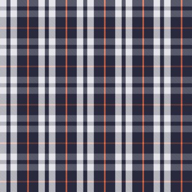 Tekstil tasarımı için koyu mavi beyaz ve turuncu desenli kusursuz ekoseli desenler. Tartan desenli kumaş izi için grafik arkaplan. Vektör tasarımı.