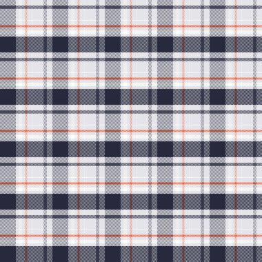 Tekstil tasarımı için koyu mavi beyaz ve turuncu desenli kusursuz ekoseli desenler. Tartan desenli kumaş izi için grafik arkaplan. Vektör tasarımı.