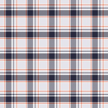 Tekstil tasarımı için koyu mavi beyaz ve turuncu desenli kusursuz ekoseli desenler. Tartan desenli kumaş izi için grafik arkaplan. Vektör tasarımı.