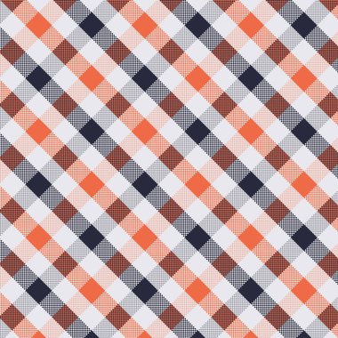 Tekstil tasarımı için koyu mavi turuncu ve beyaz renklerde kusursuz çapraz pikselli ekoseli desenler. Piksel ekose desenli kare şekilli kumaş izi için grafik arkaplan. Vektör tasarımı.