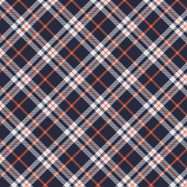 Tekstil tasarımı için koyu mavi beyaz ve turuncu renklerde kusursuz çapraz ekoseli desenler. Tartan desenli kumaş izi için grafik arkaplan. Vektör tasarımı.