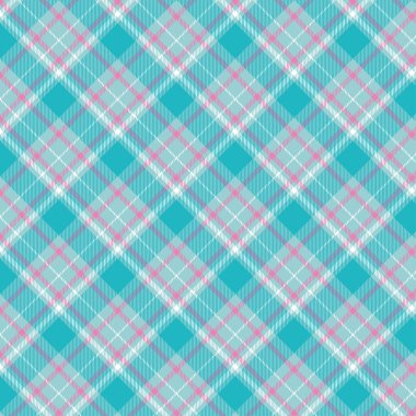 Tekstil bebek ve çocuk tasarımı için turkuaz pembe ve beyaz renklerde kusursuz çapraz ekose ve damalı desenler. Tartan desenli kumaş izi için grafik arkaplan. Vektör illüstrasyonu.