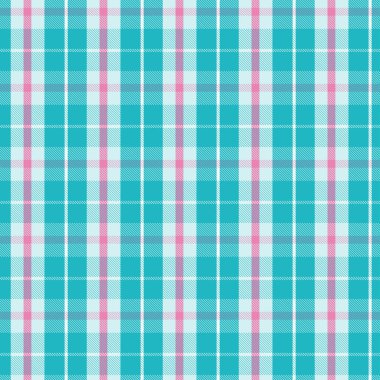 Tekstil bebek ve çocuk tasarımı için turkuaz pembe ve beyaz desenli kusursuz ekoseli desenler. Tartan desenli kumaş izi için grafik arkaplan. Vektör illüstrasyonu.