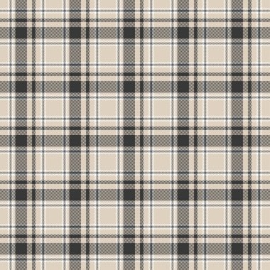 Tekstil tasarımı için siyah kahverengi ve beyaz ekoseli desenler. Tartan desenli, kare şekilli bir kumaş izi. Vektör illüstrasyonu.