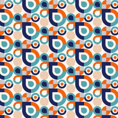Kusursuz geometrik model arka plan, basit daire şekilli mozaik tasarım, çizgi sanatı, ve mavi koyu mavi noktalı desen, ve beyaz arka planda turuncu. Vektör İllüstrasyonu.