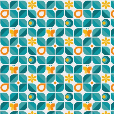 Abstract geometric seamless Scandinavian pattern. Mosaic design with the simple shape of leaves in green yellow and orange on white backgrounds. Neo geometric. Vector Illustration. clipart