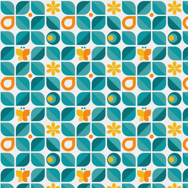 Soyut geometrik kusursuz İskandinav deseni. Mozaik tasarım, yeşil sarı yapraklar ve beyaz arka planda turuncu yapraklar. Neo geometrik. Vektör İllüstrasyonu.