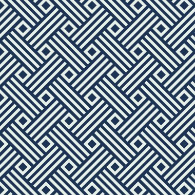 Soyut geometrik desenler, beyaz çizgiler ve koyu mavi arka planlarda kare şekiller. Tekstil ve kumaş baskısı için çapraz grafik tasarımı. Vektör İllüstrasyonu.