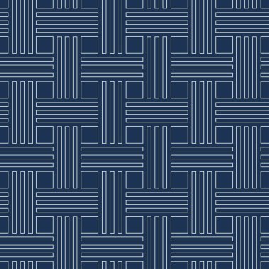 Soyut geometrik desenler, beyaz çizgiler ve koyu mavi arka planlarda kare şekiller. Tekstil ve kumaş baskısı için grafiksel tasarım. Vektör İllüstrasyonu.