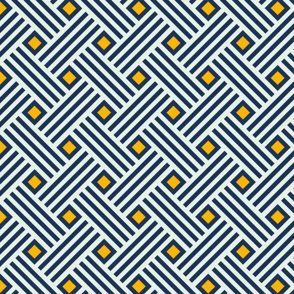 Soyut geometrik desensiz çizgiler ve kare şekiller koyu mavi ve sarı beyaz arka planda. Tekstil ve kumaş baskısı için çapraz grafik tasarımı. Vektör İllüstrasyonu.