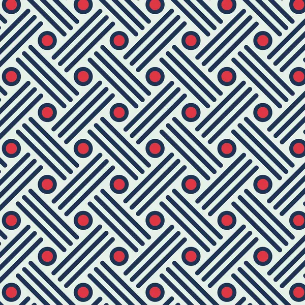 Çizgiler ve daire şekilleri koyu mavi ve beyaz arka planlarda kırmızı olan soyut geometrik dikişsiz desen. Tekstil ve kumaş baskısı için çapraz grafik tasarımı. Vektör İllüstrasyonu.