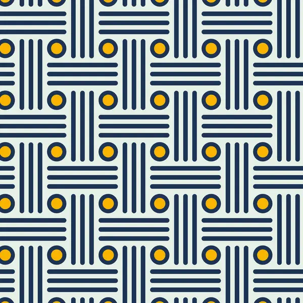 Soyut geometrik desenli çizgiler ve daire şekilleri koyu mavi ve sarı beyaz arka planda. Tekstil ve kumaş baskısı için grafiksel tasarım. Vektör İllüstrasyonu.