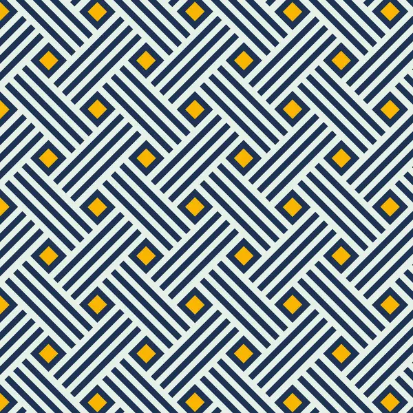 白い背景に濃い青と黄色の線と正方形の形をした抽象的な幾何学的なシームレスなパターン 繊維および生地の印刷物のための斜めのグラフィック デザイン ベクターイラスト — ストックベクタ
