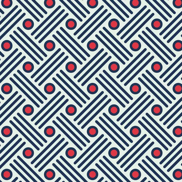 白い背景に濃い青と赤の線と円形の形をした抽象的な幾何学的なシームレスなパターン 繊維および生地の印刷物のための斜めのグラフィック デザイン ベクターイラスト — ストックベクタ