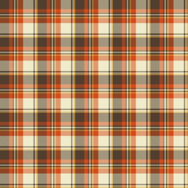 Tekstil tasarımı için kahverengi turuncu ve bej desenli kusursuz ekose desenler. Kumaş izi için kare şekilli grafik arkaplanı olan tartan desenli. Vektör illüstrasyonu.