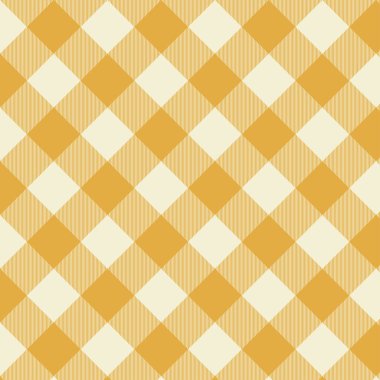 Tekstil tasarımı için sarı ve bej şeklinde kusursuz çapraz çizgili desenler. Kumaş izi için çapraz şekilli grafik arkaplanlı Gingham deseni. Vektör illüstrasyonu.