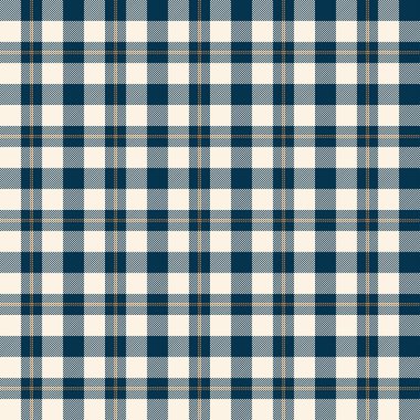 Tekstil tasarımı için koyu mavi ve bej desenli kusursuz ekose desenler. Kumaş izi için kare şekilli grafik arkaplanı olan tartan desenli. Vektör illüstrasyonu.