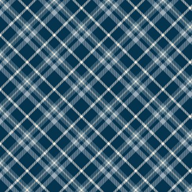 Tekstil tasarımı için koyu mavi ve bej renklerinde kusursuz çapraz ekoseli desenler. Tartan desenli ve çapraz şekilli grafik arkaplan kumaş izi. Vektör illüstrasyonu.