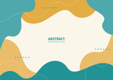 Soyut turkuaz ve beyaz arka planda sarı organik şekiller. Pankart şablonu için beyaz çizgiler ve noktalar ile düz tasarım ve dekore.