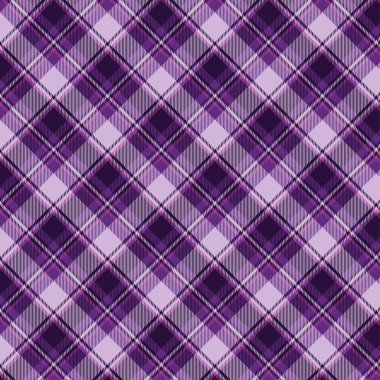 Seamless plaid pattern with dark purple, purple, and pink colors, accented with lines. The design consists of intersecting squares of stripes in purple tone, creating a classic tartan look.	