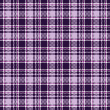 Seamless plaid pattern with dark purple, purple, and pink colors, accented with lines. The design consists of intersecting squares of stripes in purple tone, creating a classic tartan look.	