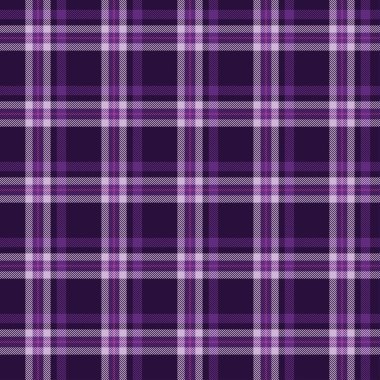 Seamless plaid pattern with dark purple, purple, and pink colors, accented with lines. The design consists of intersecting squares of stripes in purple tone, creating a classic tartan look.	