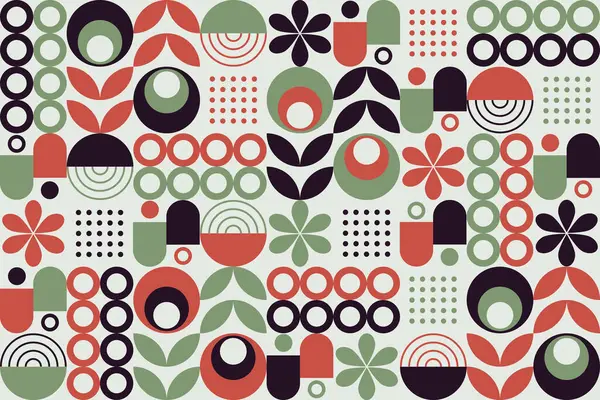 Çemberler, yarı daireler, çizgiler ve noktaların kahverengi, turuncu, yeşil ve bej karışımlı soyut düz geometrik desen. Tasarım dengeli bir kompozisyonda hizalandı, modern, retro bir his yarattı..