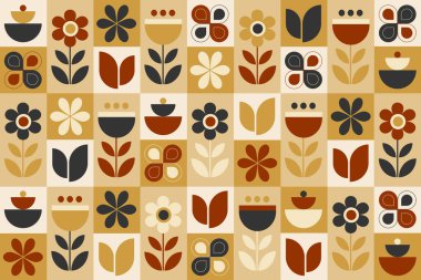 Geometrik şablon arka planı, bej, sarı ve siyah tonlarında, şebekeye benzer düzende basit çiçek ve yaprak motiflerinden oluşur..