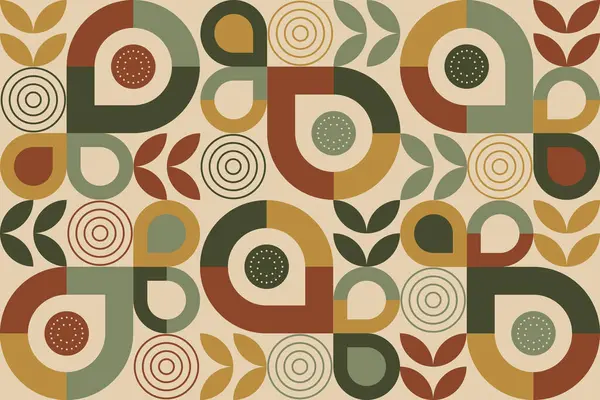 Göz yaşı, yaprak ve hardal, zeytin, pas ve krem tonlarında eş merkezli daireler içeren renkli soyut geometrik desenler..