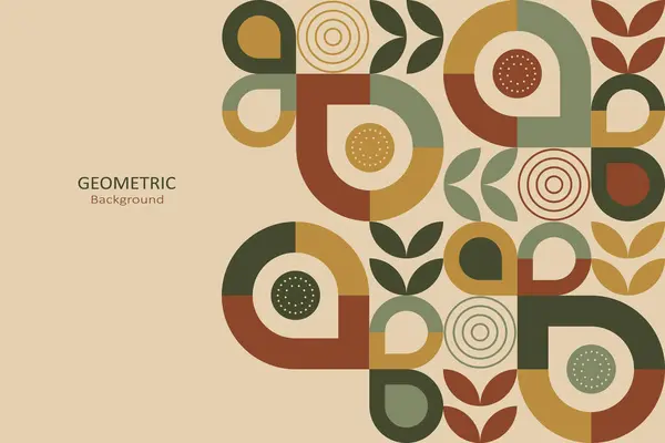 Soyut şekiller ve toprak tonlarına sahip modern geometrik bir arkaplan, metin tasarımı ve afişi için telif alanı ile bir kompozisyon düzeninde gözyaşı damlaları, yapraklar ve daireler içerir.