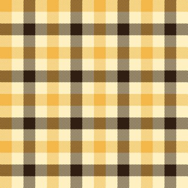 Krem, sarı ve koyu kahverengi karelerden oluşan, tekstil ve arka planlar için uygun, temiz, geometrik stile sahip, kusursuz ekoseli desen..