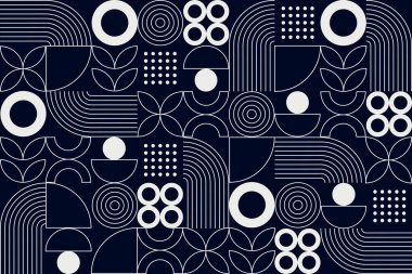 Çemberler, kavisler, noktalar, yapraklar ve minimalist çizgiler içeren donanma ve beyazdaki modern geometrik desen temiz, soyut ve simetrik bir düzende sıralanmıştır..