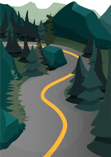 Route Grise Avec Une Bande Jaune Milieu Une Forêt Vert — Image vectorielle