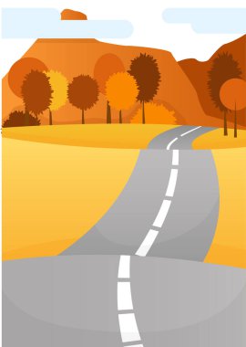 Turuncu bir tarlanın, ormanın ve uzaktaki dağların ortasında gri bir yol.
